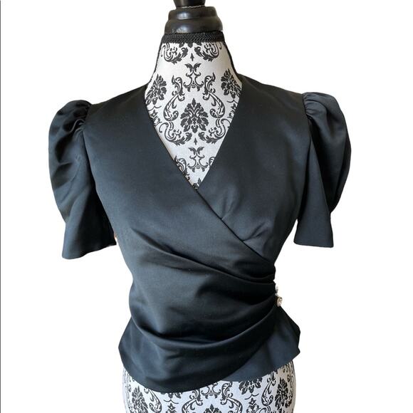 Darcy Vintage 80s Black Formal Satin Taffeta Puff Sleeves Wrap Blouse S - Picture 1 of 8